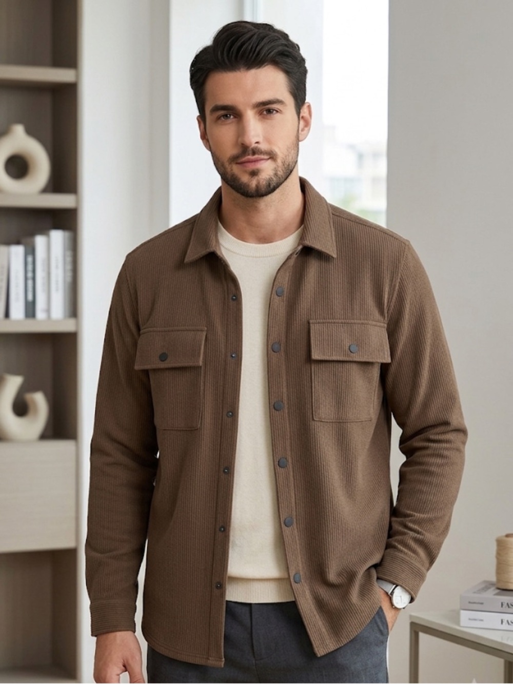 Kenneth Cole Brown Ribbed Snap Button Men’s Shirt Jacket Size L NWT